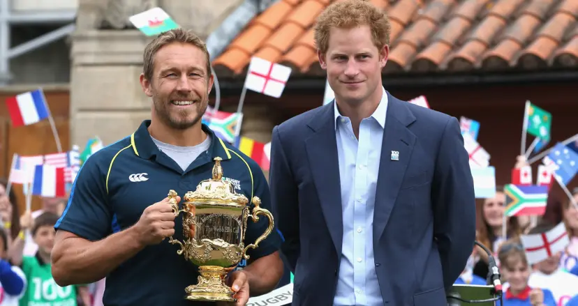Jonny Wilkinson and Prince Harry pose with the Rugby World Cup