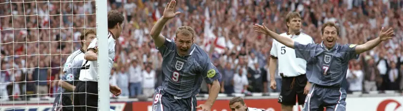 Alan Shearer celebrates a Euro 1996 goal for England against Germany